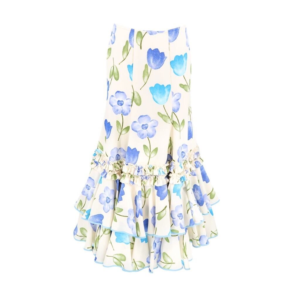Late 1970s Watercolor Floral Drop-Waist Tiered Crepe Maxi Skirt